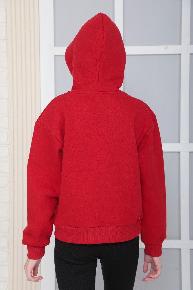 Kız Çocuk Kırmızı Kapüşonlu 3 iplik Şardonlu Polarlı Rahat Kesim Sweatshirt S302KIRM görsel 3