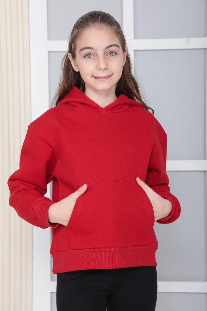 Kız Çocuk Kırmızı Kapüşonlu 3 iplik Şardonlu Polarlı Rahat Kesim Sweatshirt S302KIRM görsel 4