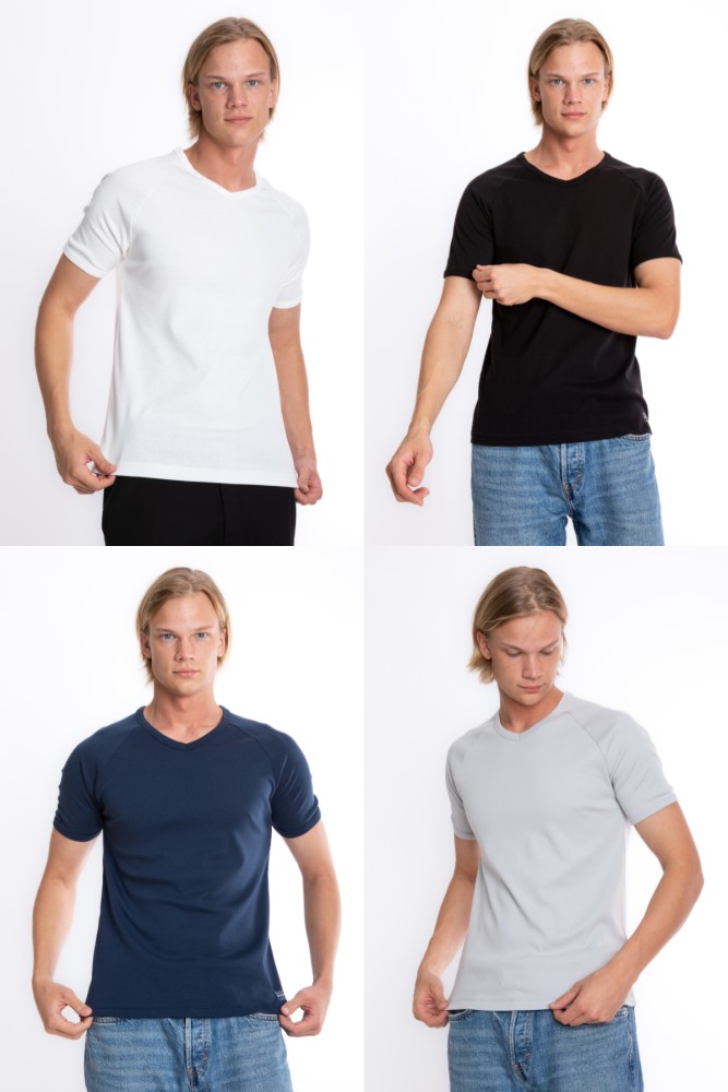 ERKEK SLIM FIT V YAKA BASIC RİBANA TİŞÖRT 1.KALİTE KUMAŞ BEYAZ-SİYAH-GRİ-LACİVERT 4'LÜ SET S202MIX