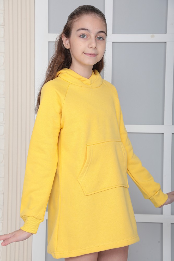 KIZ ÇOCUK SARI Kapüşonlu 3 iplik Şardonlu Polarlı Reglan Kol Elbise S-303SARI görsel 2
