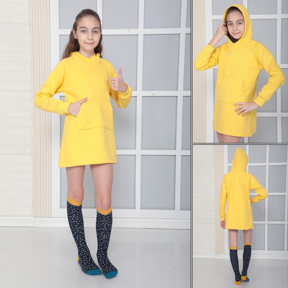 KIZ ÇOCUK SARI Kapüşonlu 3 iplik Şardonlu Polarlı Reglan Kol Elbise S-303SARI görsel 4