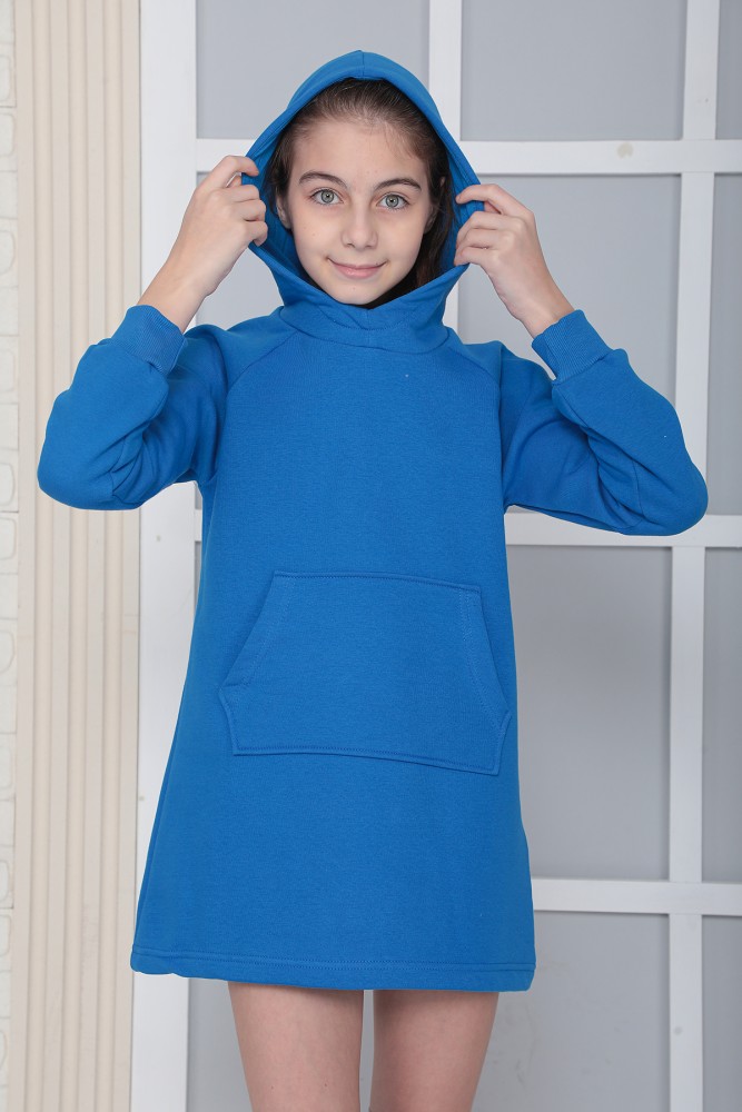 KIZ ÇOCUK SAX Kapüşonlu 3 iplik Şardonlu Polarlı Reglan Kol Elbise S-303SAX görsel 4
