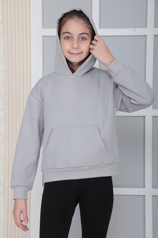 Kız Çocuk Gri Kapüşonlu 3 iplik Şardonlu Polarlı Rahat Kesim Sweatshirt S302GRİ
