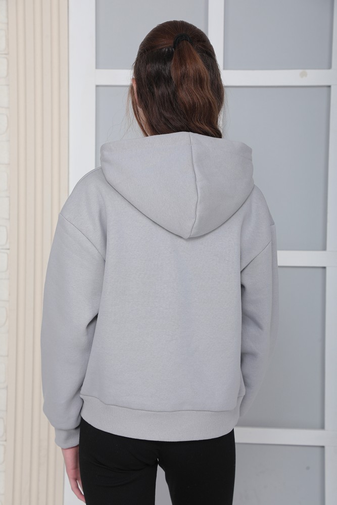 Kız Çocuk Gri Kapüşonlu 3 iplik Şardonlu Polarlı Rahat Kesim Sweatshirt S302GRİ görsel 3
