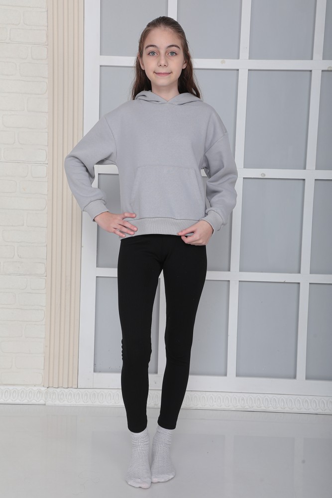 Kız Çocuk Gri Kapüşonlu 3 iplik Şardonlu Polarlı Rahat Kesim Sweatshirt S302GRİ görsel 4