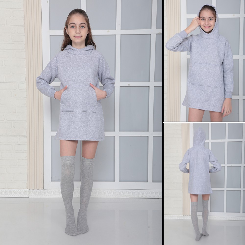 KIZ ÇOCUK GRİ Kapüşonlu 3 iplik Şardonlu Polarlı Reglan Kol Elbise S-303GRİ görsel 2