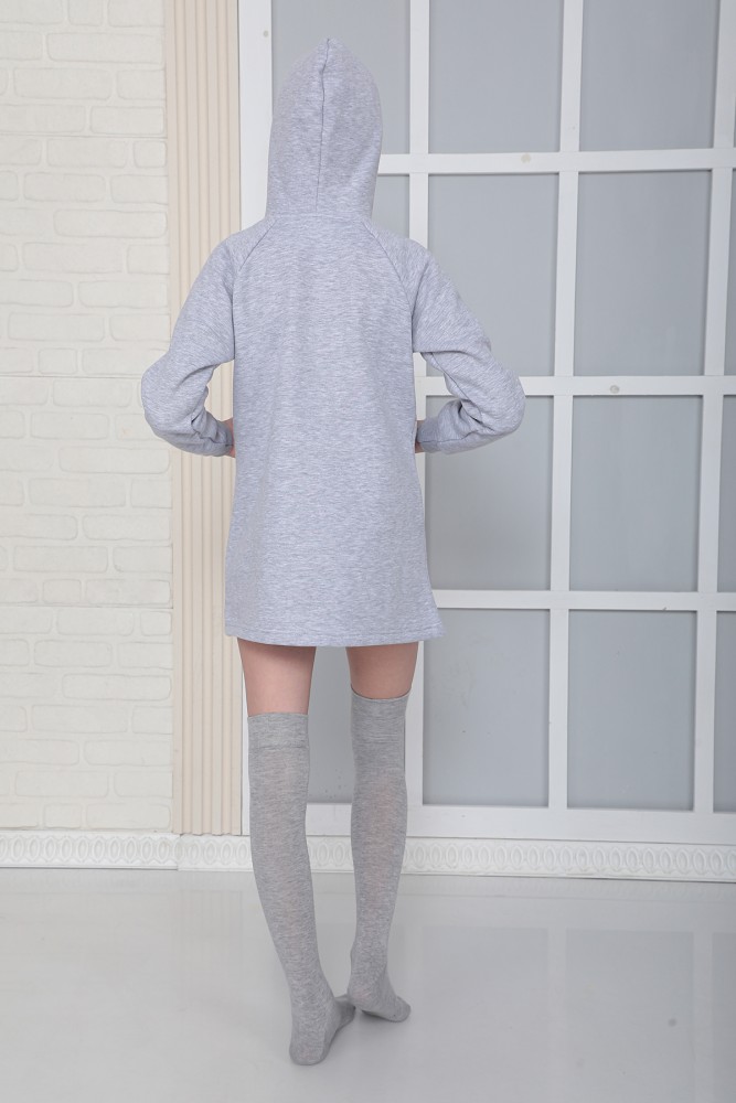 KIZ ÇOCUK GRİ Kapüşonlu 3 iplik Şardonlu Polarlı Reglan Kol Elbise S-303GRİ görsel 4