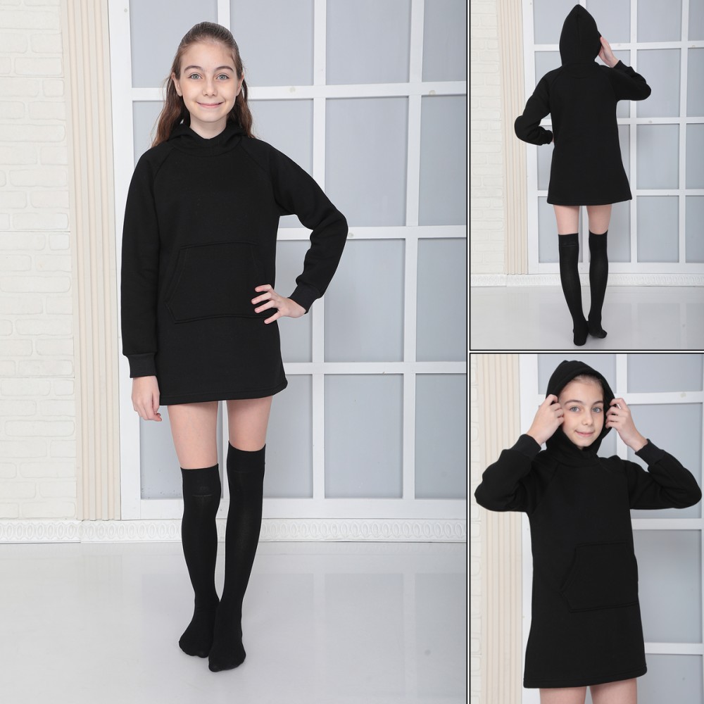 KIZ ÇOCUK SİYAH Kapüşonlu 3 iplik Şardonlu Polarlı Reglan Kol Elbise S-303SİYAH görsel 3