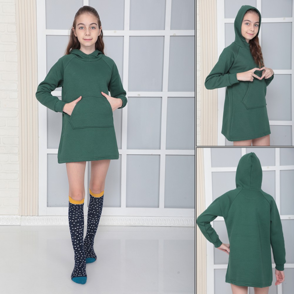 KIZ ÇOCUK YEŞİL Kapüşonlu 3 iplik Şardonlu Polarlı Reglan Kol Elbise S-303YEŞİL görsel 3