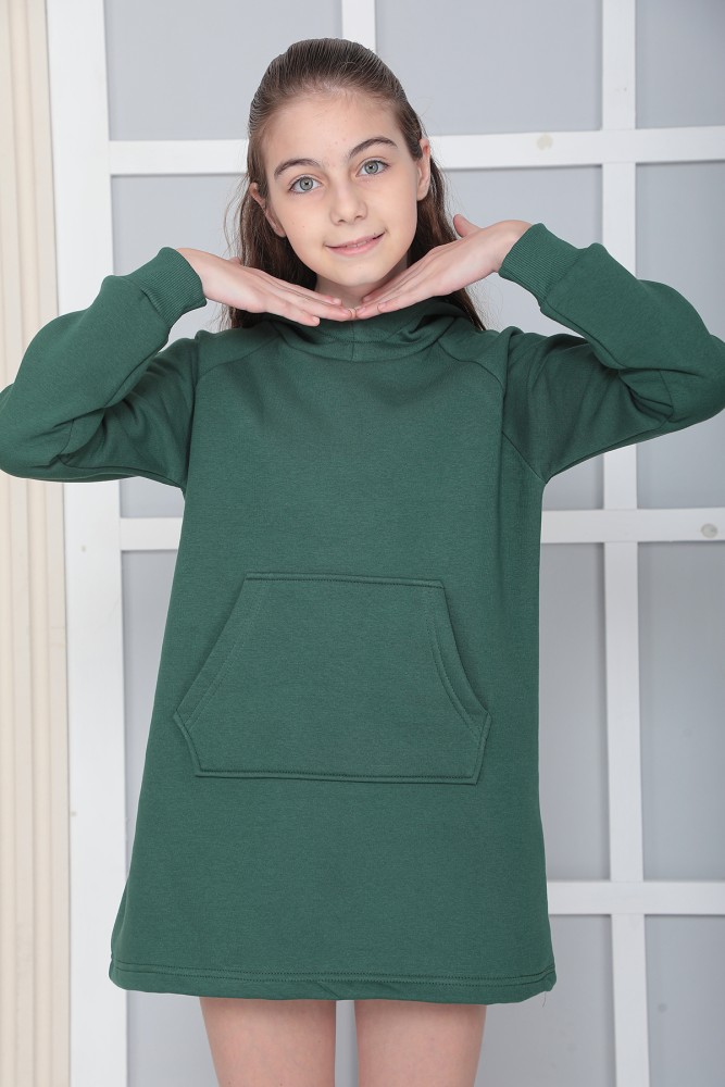 KIZ ÇOCUK YEŞİL Kapüşonlu 3 iplik Şardonlu Polarlı Reglan Kol Elbise S-303YEŞİL görsel 4