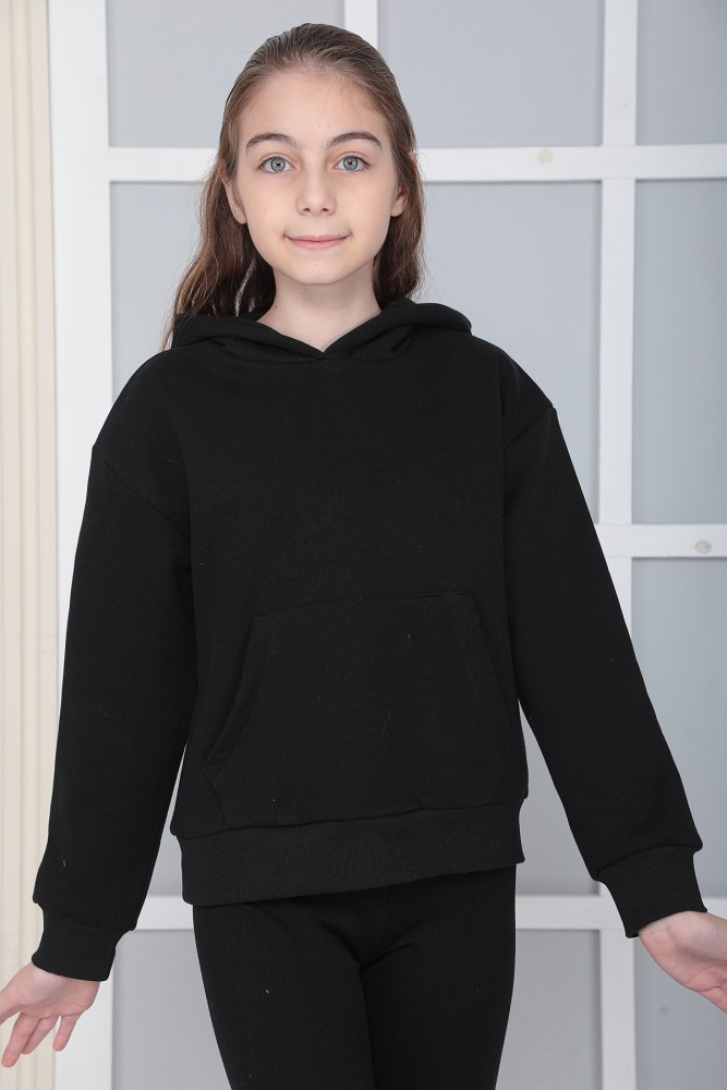 Kız Çocuk Siyah Baskısız Kapüşonlu 3 iplik Şardonlu Polarlı Rahat Kesim Sweatshirt  S302SYH
