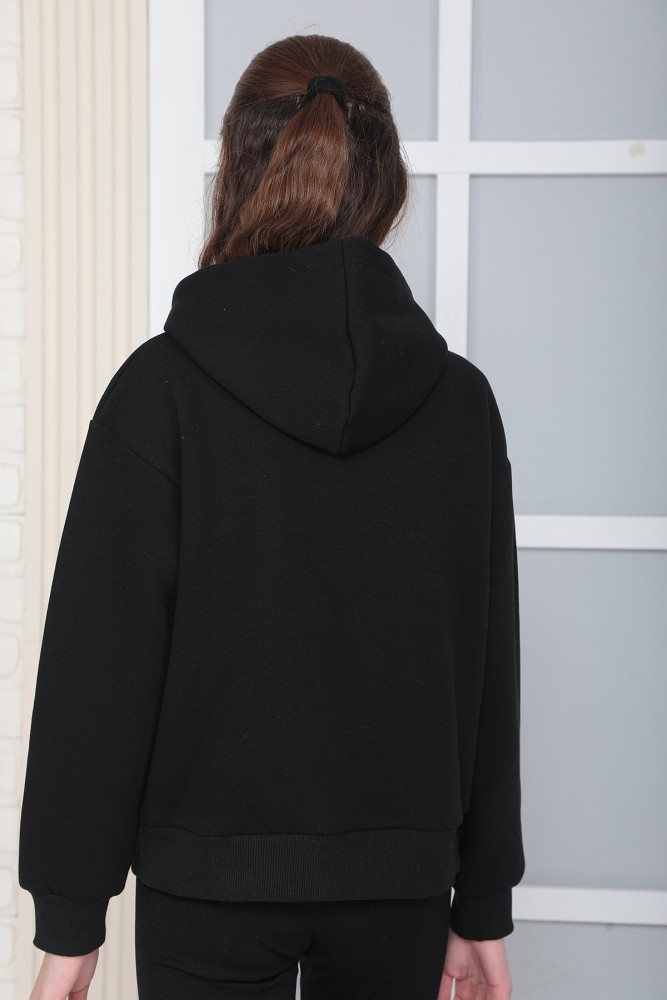 Kız Çocuk Siyah Baskısız Kapüşonlu 3 iplik Şardonlu Polarlı Rahat Kesim Sweatshirt  S302SYH görsel 3