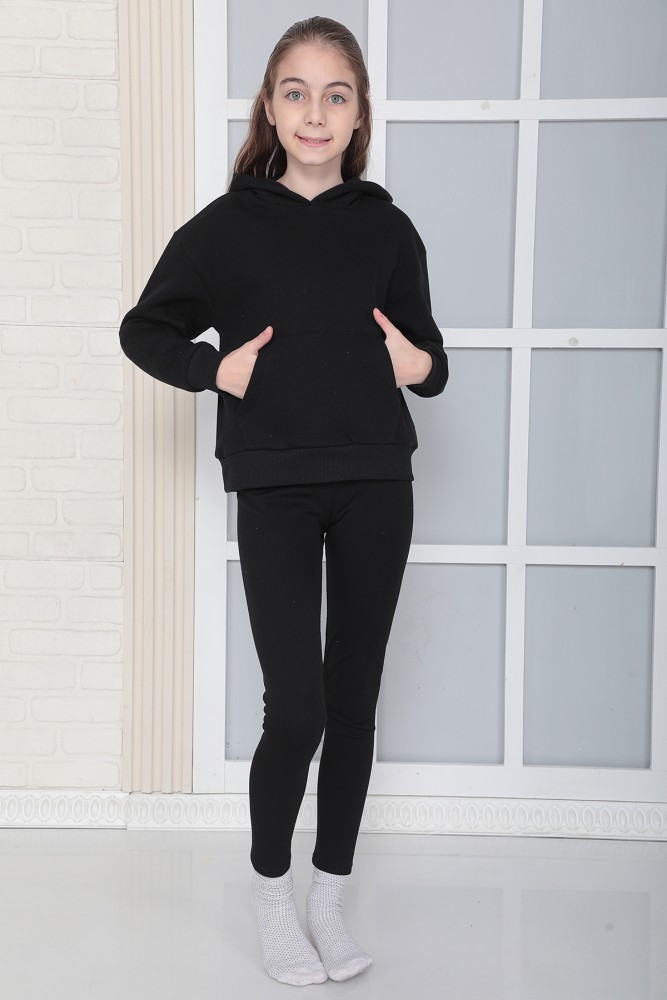 Kız Çocuk Siyah Baskısız Kapüşonlu 3 iplik Şardonlu Polarlı Rahat Kesim Sweatshirt  S302SYH görsel 4