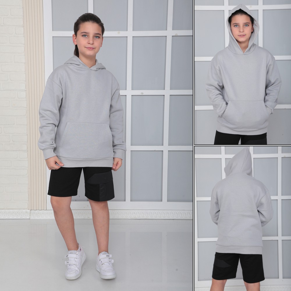 Erkek Çocuk Gri Kapüşonlu 3 iplik Şardonlu Polarlı Rahat Kesim Sweatshirt S402GRİ görsel 2