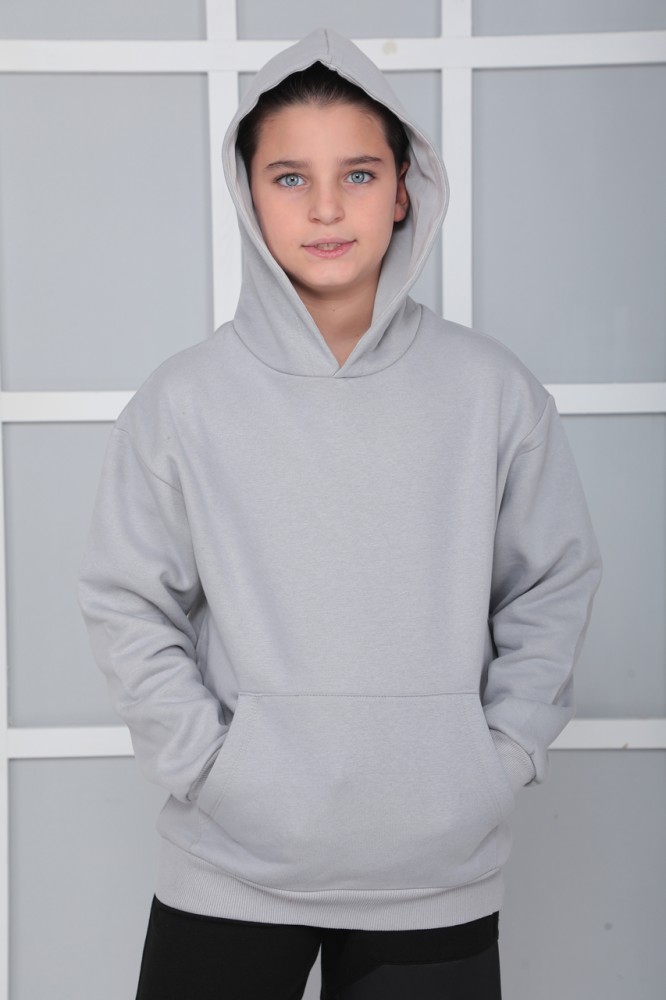 Erkek Çocuk Gri Kapüşonlu 3 iplik Şardonlu Polarlı Rahat Kesim Sweatshirt S402GRİ görsel 3