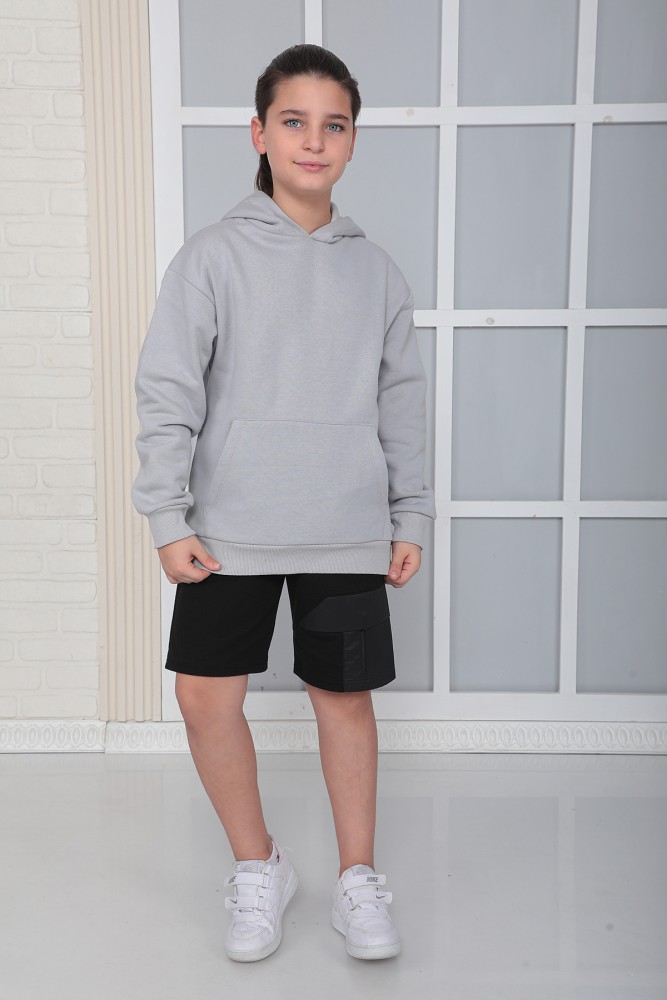 Erkek Çocuk Gri Kapüşonlu 3 iplik Şardonlu Polarlı Rahat Kesim Sweatshirt S402GRİ görsel 4