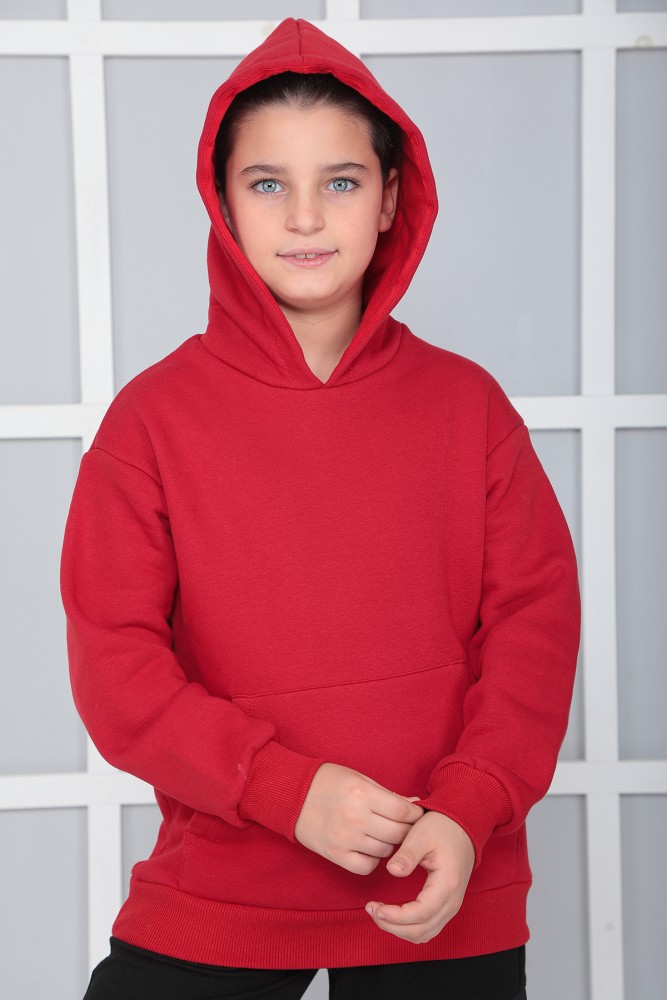 Erkek Çocuk Kırmızı Kapüşonlu 3 iplik Şardonlu Polarlı Rahat Kesim Sweatshirt S402KRM
