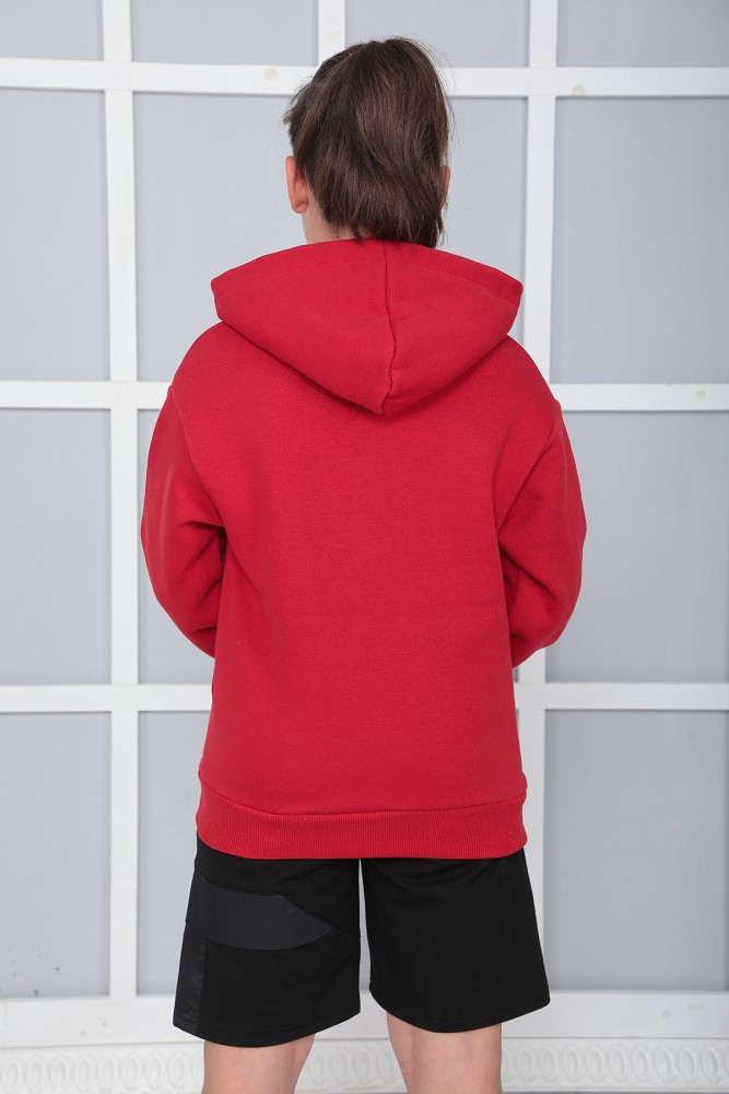 Erkek Çocuk Kırmızı Kapüşonlu 3 iplik Şardonlu Polarlı Rahat Kesim Sweatshirt S402KRM görsel 3