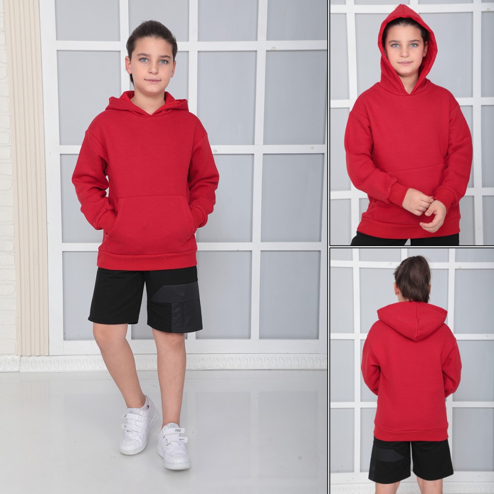 Erkek Çocuk Kırmızı Kapüşonlu 3 iplik Şardonlu Polarlı Rahat Kesim Sweatshirt S402KRM görsel 4