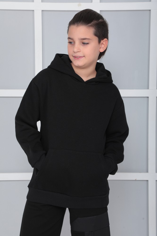 Erkek Çocuk Siyah Kapüşonlu 3 iplik Şardonlu Polarlı Rahat Kesim Sweatshirt S402SYH