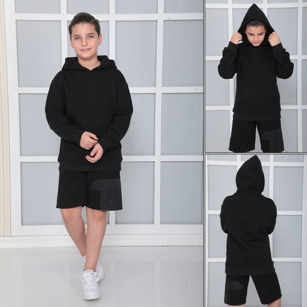 Erkek Çocuk Siyah Kapüşonlu 3 iplik Şardonlu Polarlı Rahat Kesim Sweatshirt S402SYH görsel 3