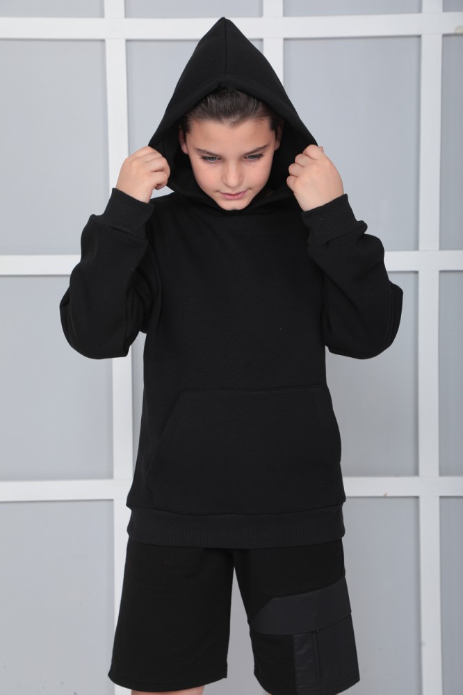 Erkek Çocuk Siyah Kapüşonlu 3 iplik Şardonlu Polarlı Rahat Kesim Sweatshirt S402SYH görsel 4