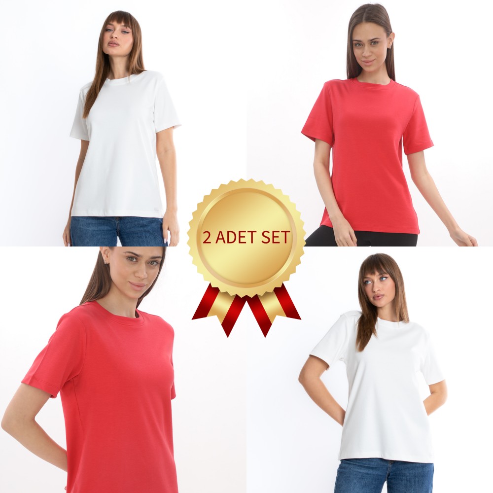 KADIN BİSİKLET  YAKA BASIC İNTERLOK KISA KOL TİŞÖRT BEYAZ-KIRMIZI 2'Lİ SET S-101MIX2 görsel 2