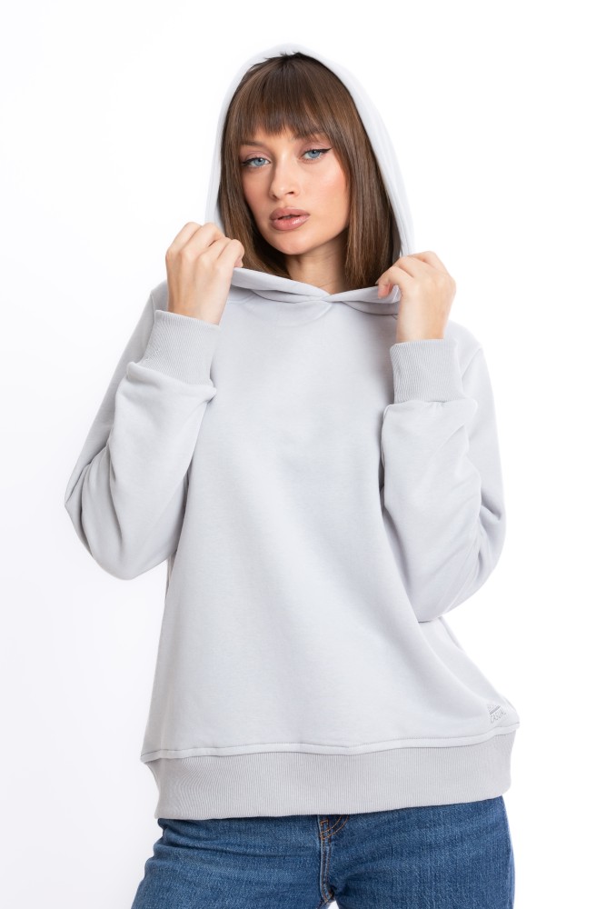 Kadın Gri Kapüşonlu 3 iplik Şardonlu Polarlı Reglan Kol Sweatshirt S-103