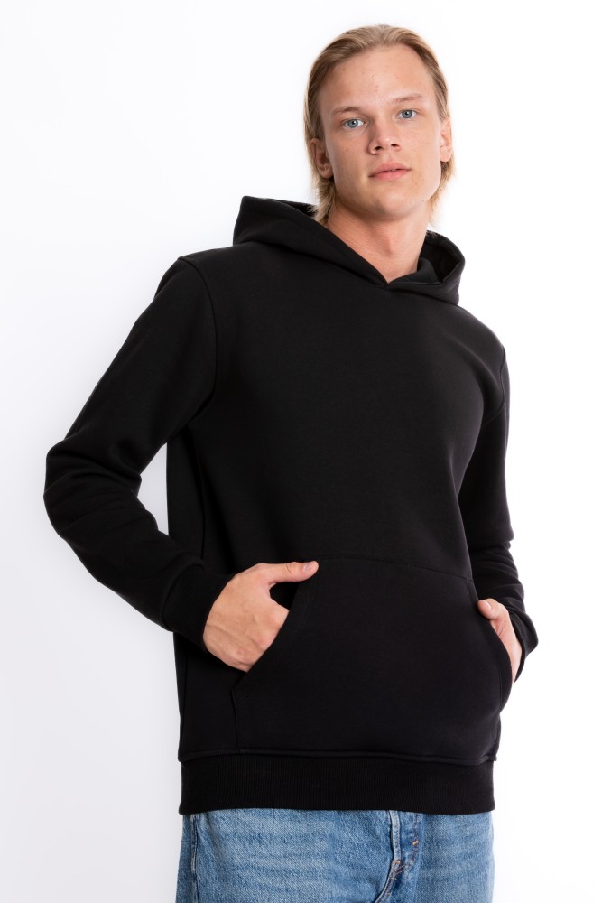 Erkek SİYAH Kapüşonlu Kanguru Cepli 3 iplik Şardonlu Polarlı Sweatshirt S-204