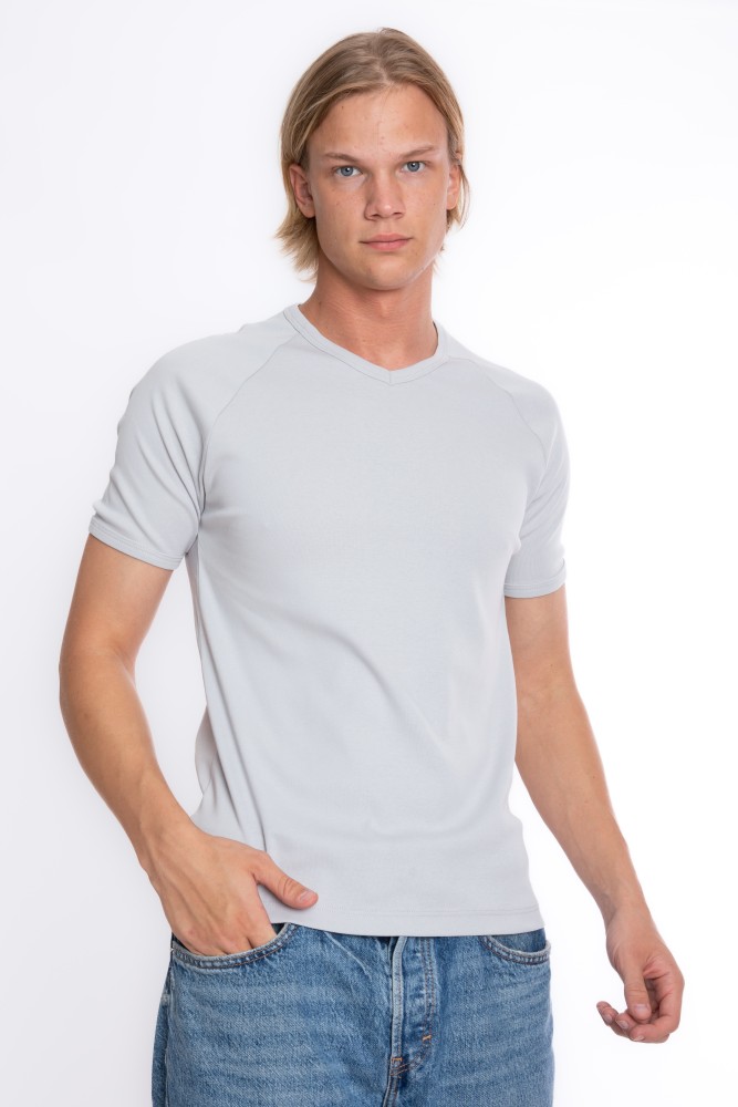 Erkek SLIM FIT GRİ %100 Pamuk V Yaka Ribana Reglan Kol  Tişört S-202