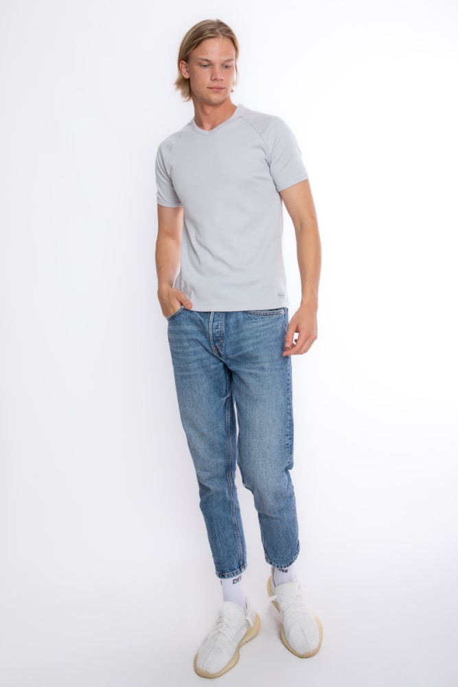 Erkek SLIM FIT GRİ %100 Pamuk V Yaka Ribana Reglan Kol  Tişört S-202 görsel 3