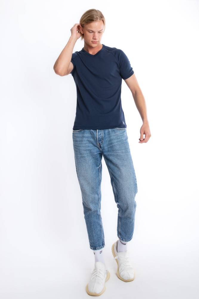 Erkek SLIM FIT LACİVERT %100 Pamuk V Yaka Ribana Reglan Kol Tişört  S-202 görsel 3