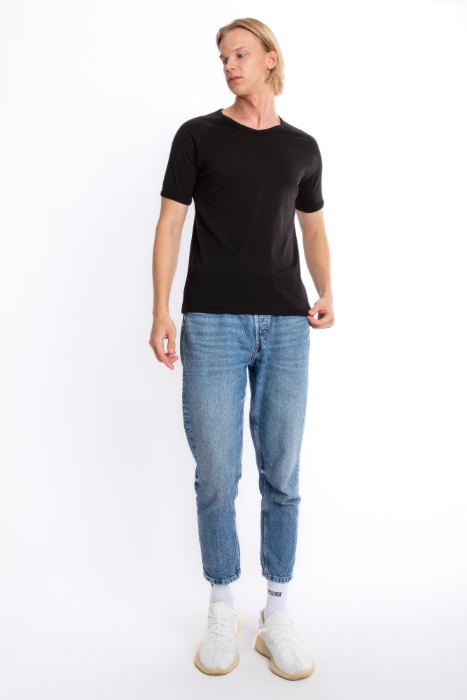 Erkek SLIM FIT SİYAH %100 Pamuk V Yaka Ribana Reglan Kol Tişört  S-202 görsel 3