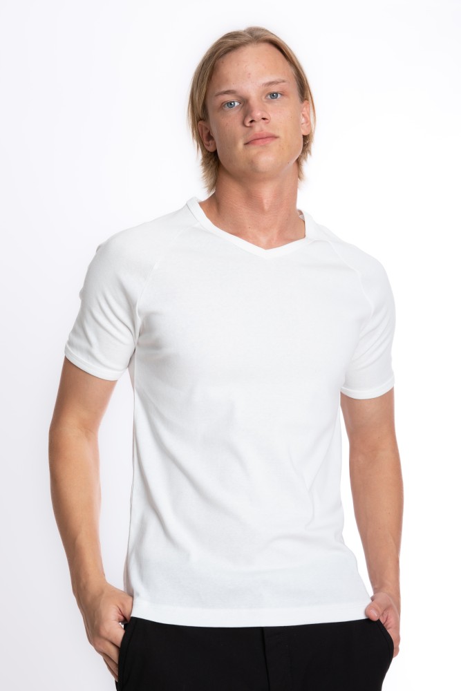 Erkek SLIM FIT EKRU %100 Pamuk V Yaka Ribana Reglan Kol Tişört S-202