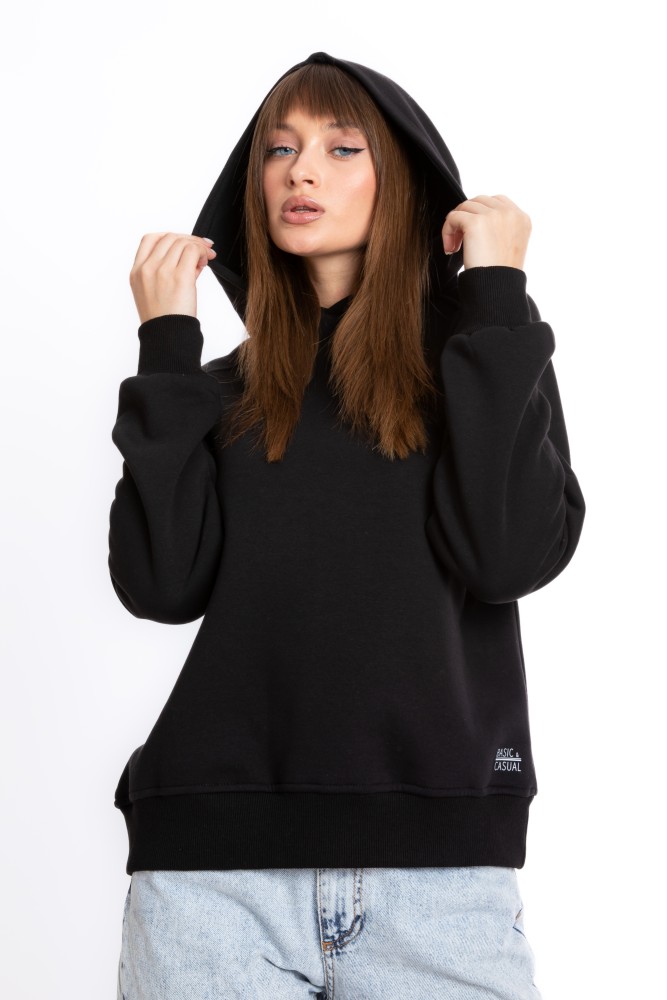 Kadın Siyah Kapüşonlu 3 iplik Şardonlu Polarlı Reglan Kol SweatshirtS-103