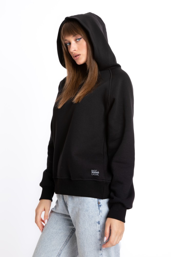 Kadın SİYAH Kapüşonlu 3 iplik Şardonsuz Polarsız Reglan Kol Sweatshirt S-104 görsel 4
