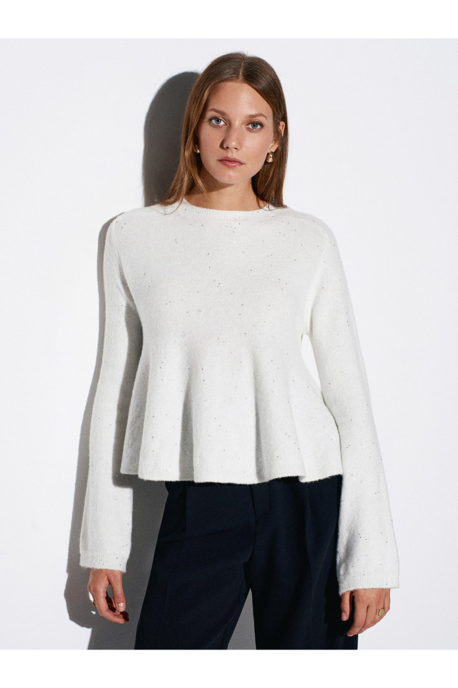 10832 Peplum Parıltılı Triko Kazak-Ekru