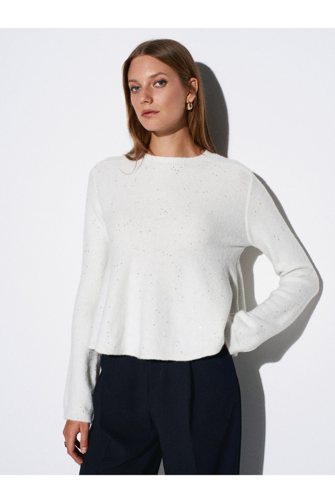10832 Peplum Parıltılı Triko Kazak-Ekru görsel 3