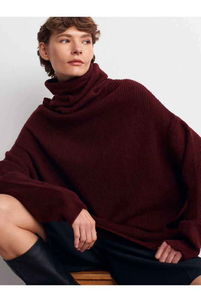 2268 Balıkçı Yaka Oversize Kazak-Koyu Bordo