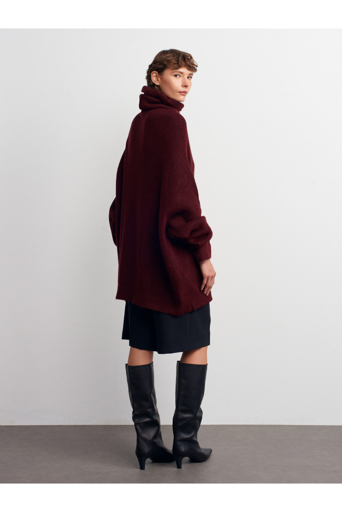 2268 Balıkçı Yaka Oversize Kazak-Koyu Bordo görsel 2