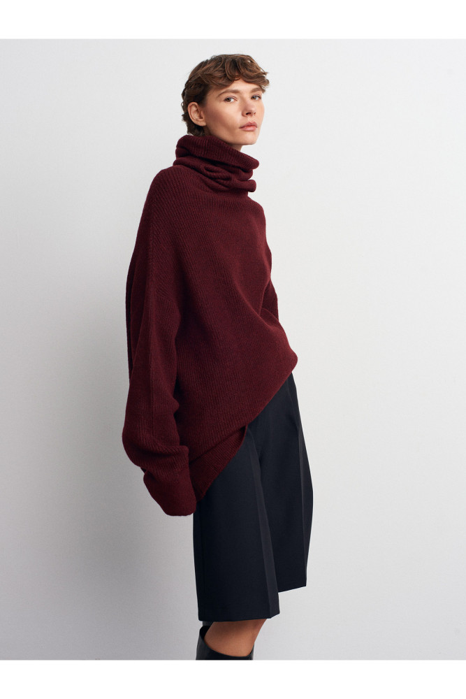2268 Balıkçı Yaka Oversize Kazak-Koyu Bordo görsel 3