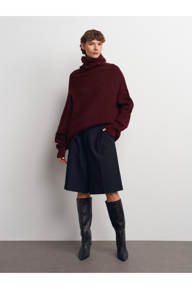 2268 Balıkçı Yaka Oversize Kazak-Koyu Bordo görsel 5