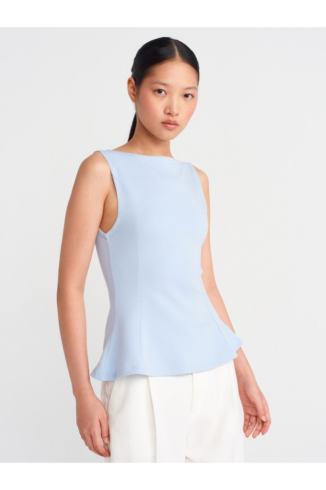 21001 Kayık Yaka Peplum Top-Açık Mavi