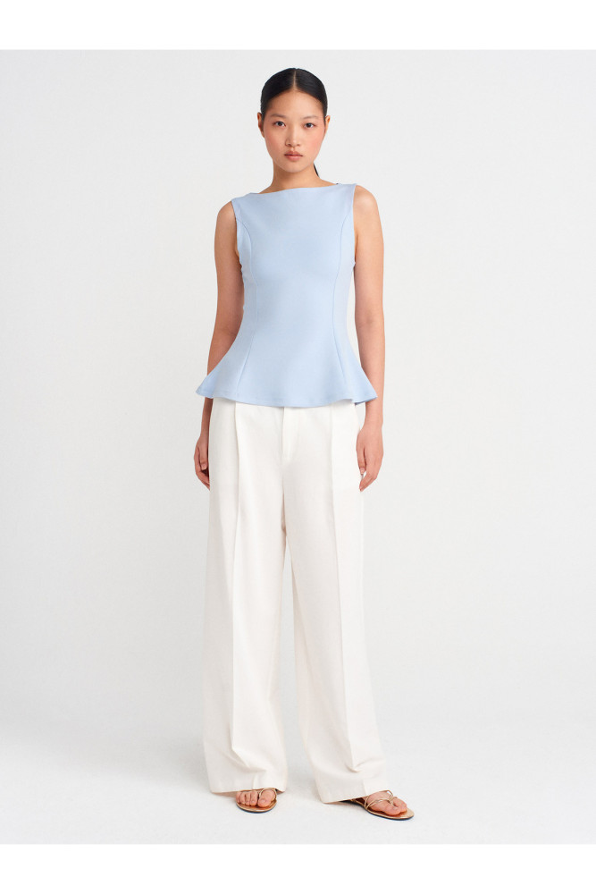 21001 Kayık Yaka Peplum Top-Açık Mavi görsel 4