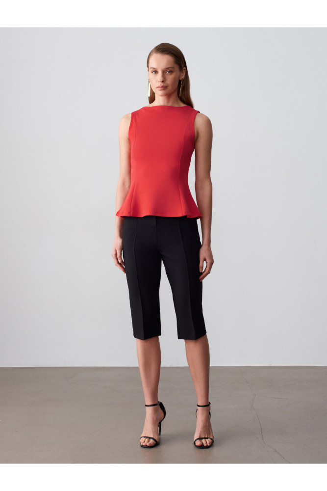 21001 Kayık Yaka Peplum Top-Kırmızı