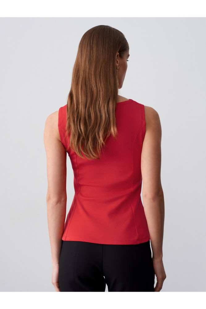 21001 Kayık Yaka Peplum Top-Kırmızı görsel 2
