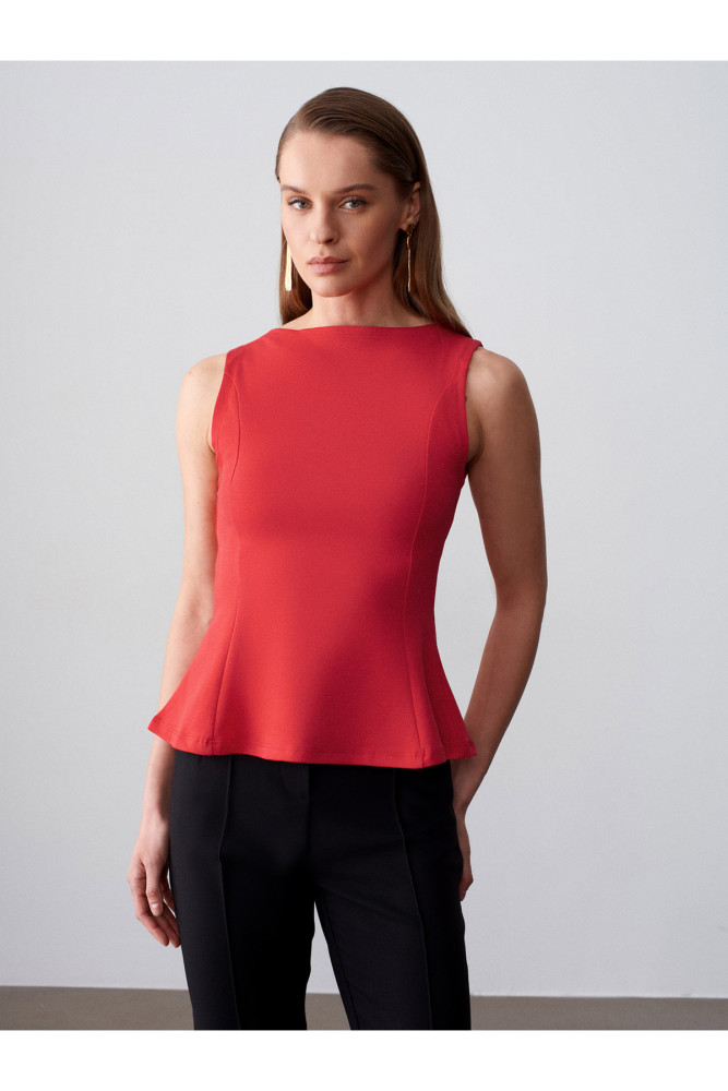 21001 Kayık Yaka Peplum Top-Kırmızı görsel 3