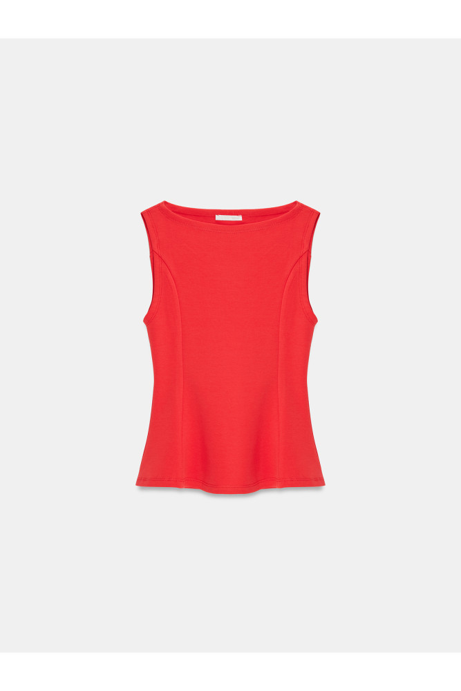 21001 Kayık Yaka Peplum Top-Kırmızı görsel 5