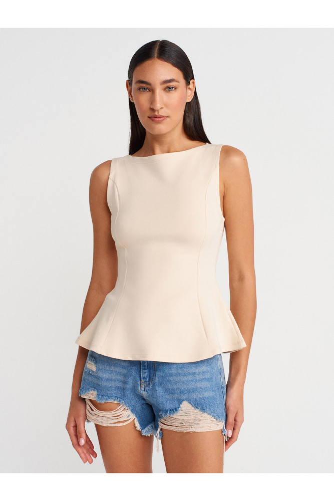 21001 Kayık Yaka Peplum Top-Taş