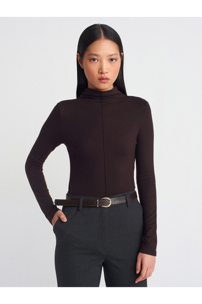 31391 Dik Yaka Uzun Kollu Top-Kahve M.